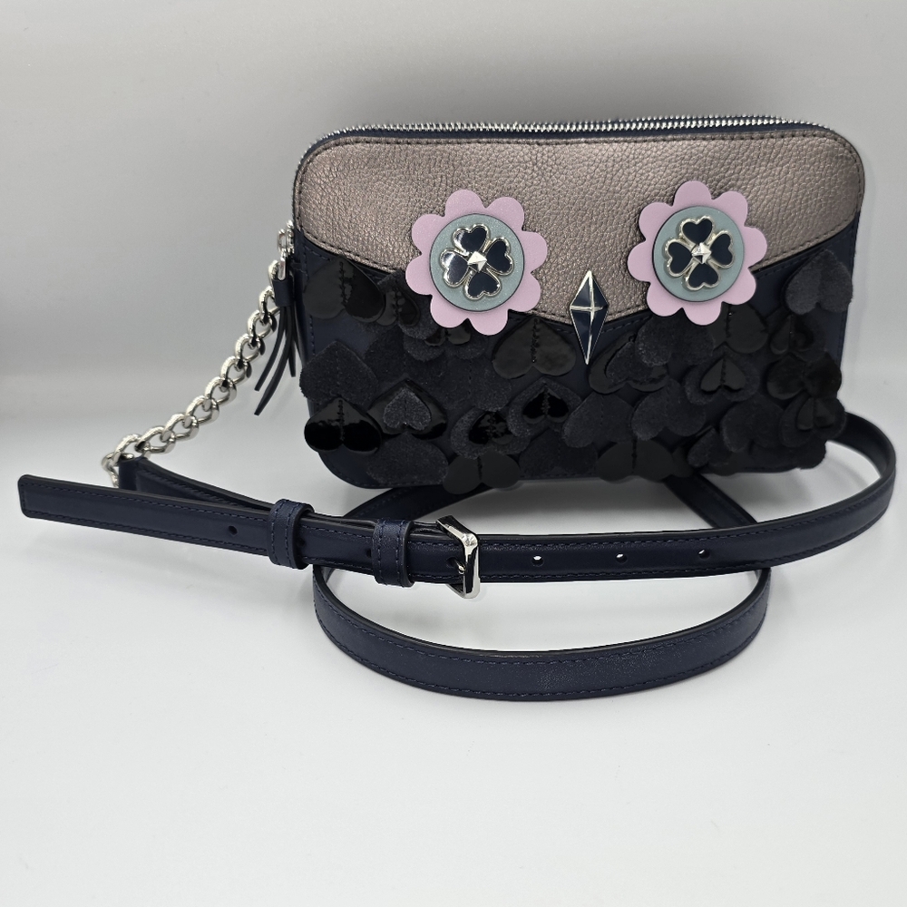 KATE SPADE Zibbi Owl Double Zip Small Crossbody Nightcap Blue Leather Purse Bag